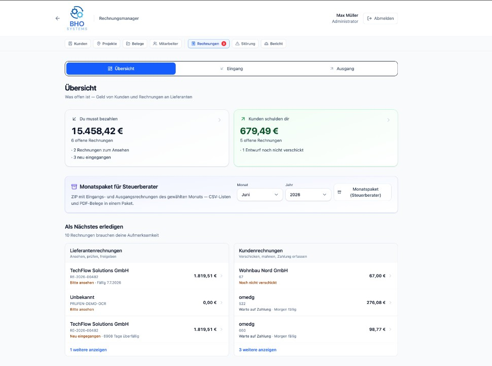 Rechnungsmanager — Übersicht mit Eingang, Ausgang und offenen Beträgen